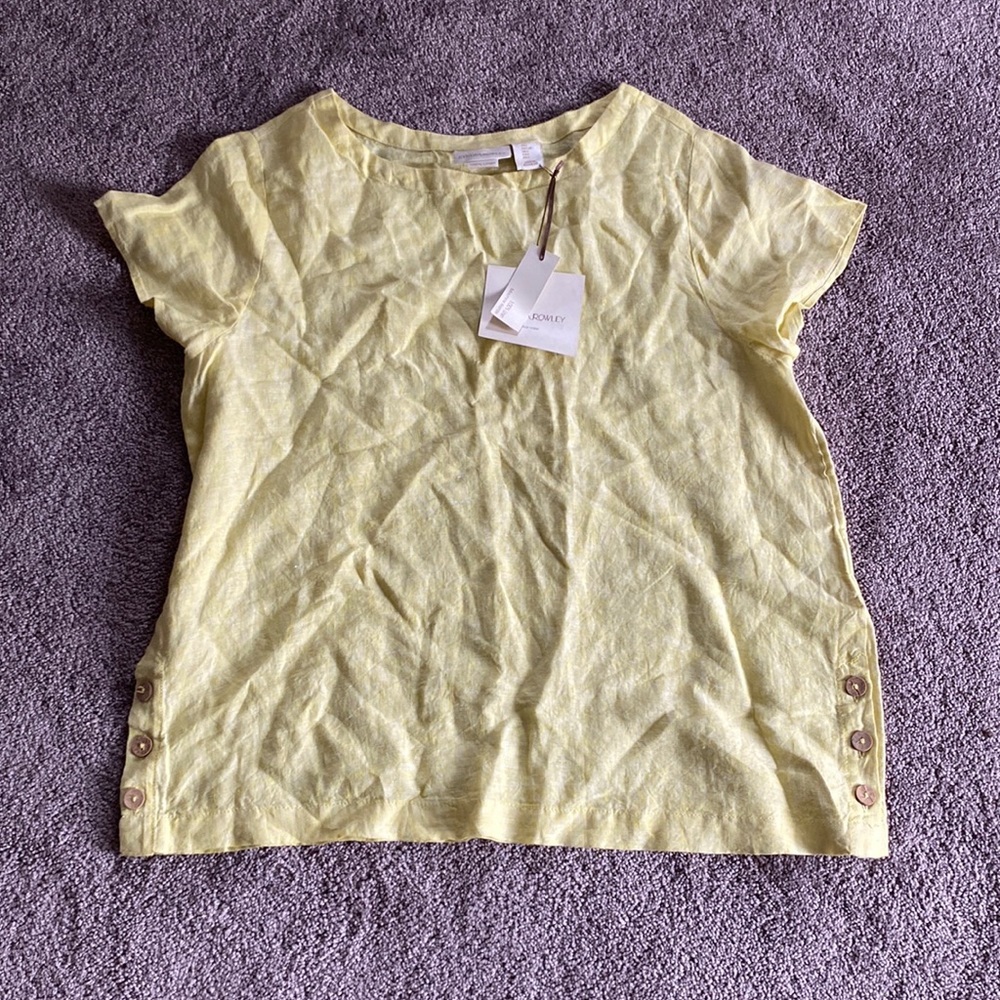 Cynthia Rowley Linen Blend Button Detail Short Sleeve Top SIZE L Yellow